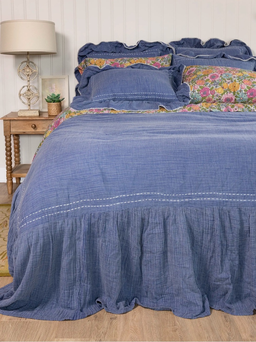 Natural Life Vintage Blue Cotton Ruffle Queen Duvet